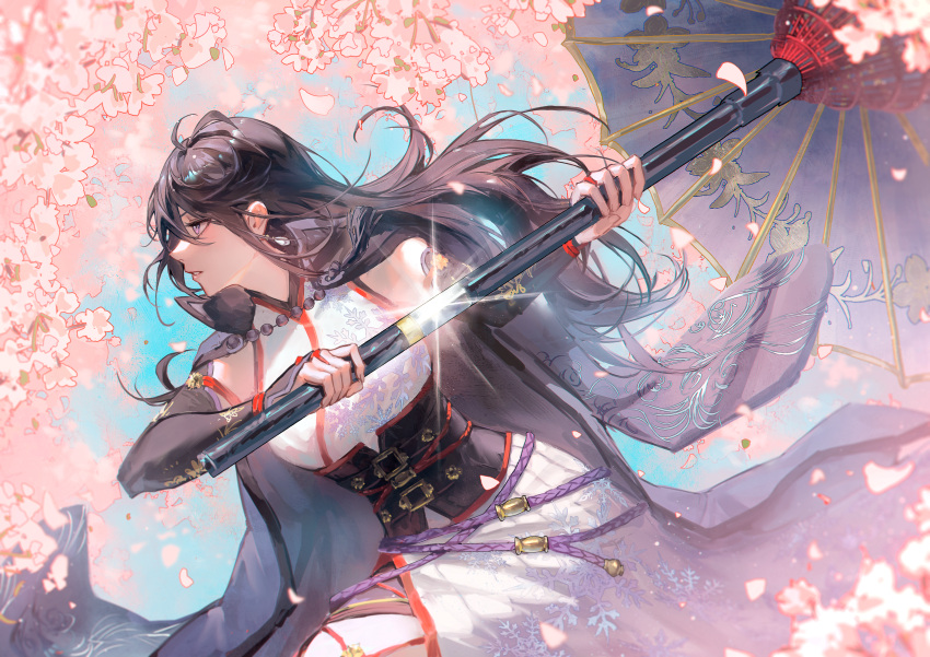 1girl absurdres ayra_(fire_emblem) bare_shoulders black_hair breasts cherry_blossoms commission concealed_weapon corset cosplay cowboy_shot earrings elbow_gloves fire_emblem fire_emblem:_genealogy_of_the_holy_war gloves highres holding holding_sword holding_weapon jacket jacket_on_shoulders japanese_clothes jewelry kimono long_hair long_sleeves mature_female oil-paper_umbrella parted_lips setsuka setsuka_(cosplay) sheath side_slit sleeveless sleeveless_kimono solo soulcalibur soulcalibur_vi standing sword umbrella umbrella_sword unsheathing violet_eyes weapon zieru