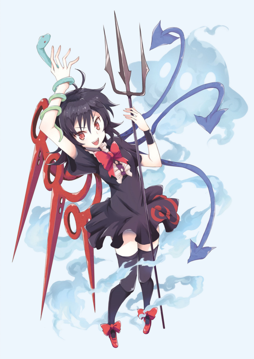1girl asymmetrical_wings black_dress black_hair black_thighhighs blue_wings bow bowtie buttons center_frills dress footwear_bow frilled_dress frills highres houjuu_nue mary_janes open_mouth polearm red_bow red_bowtie red_eyes red_footwear red_wings shoes short_dress short_hair short_sleeves smile snake solo strange_creators_of_outer_world suichuu_hanabi thigh-highs touhou trident weapon wings wristband zettai_ryouiki