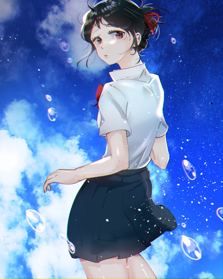 1girl black_hair blue_skirt blue_sky bow bowtie brown_eyes chromatic_aberration clouds collared_shirt commentary cowboy_shot english_commentary hair_ribbon highres kimi_no_na_wa. light_particles looking_at_viewer looking_back mixed-language_commentary miyamizu_mitsuha open_mouth pleated_skirt red_bow red_bowtie red_ribbon ribbon school_uniform shirt short_hair short_sleeves skirt sky solo tora_(chamssal) water_drop white_shirt
