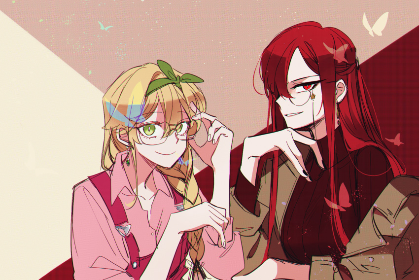 2girls adjusting_eyewear alternate_costume bespectacled black_nails blonde_hair bow bow_hairband bright_pupils brown_coat bug butterfly casual chromatic_aberration closed_mouth coat collarbone earrings fate/grand_order fate_(series) glasses green_bow green_eyes green_hairband grin hair_between_eyes hair_over_shoulder hairband half_updo hand_on_own_chin hand_up highres jewelry long_hair long_sleeves looking_at_viewer multicolored_background multiple_girls oda_nobunaga_(fate) oda_nobunaga_(maou_avenger)_(fate) off_shoulder open_collar original overalls pink_overalls pink_shirt red_eyes red_sweater redhead round_eyewear sempon_(doppio_note) shirt simple_background smile smirk sweater turtleneck turtleneck_sweater upper_body white_pupils