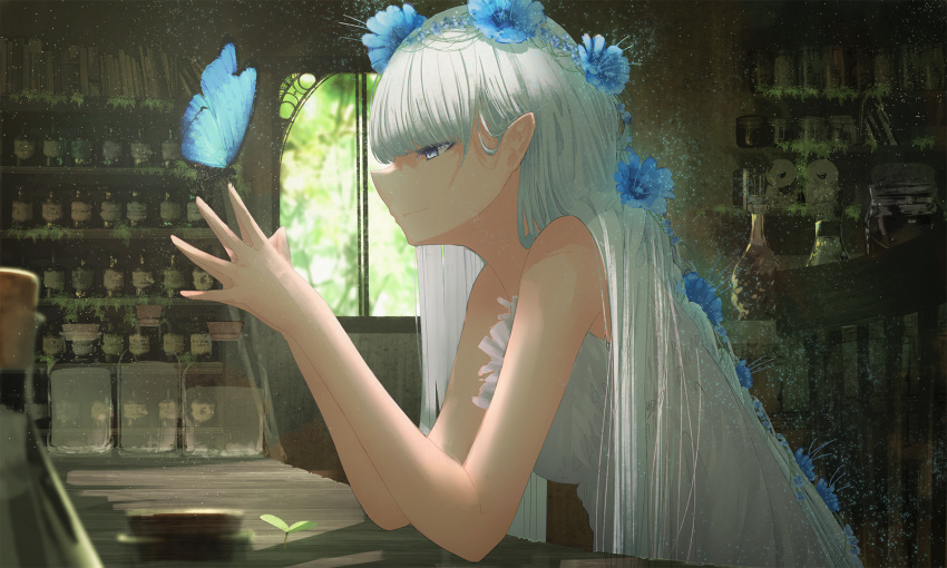 1girl blue_eyes blue_flower blurry blurry_background bug butterfly chair chocoshi closed_mouth commentary_request dress fantasy flower hair_flower hair_ornament highres indoors jar light_particles long_hair moss original pointy_ears scenery shelf sitting sleeveless sleeveless_dress solo steepled_fingers sunlight table upper_body white_dress white_hair window