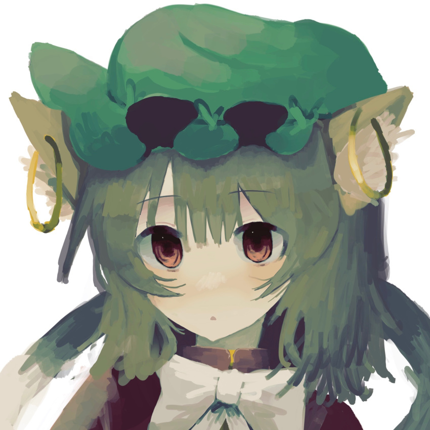 1girl animal_ear_fluff animal_ears bow bowtie brown_eyes brown_hair cat_ears cat_tail chen commentary earrings expressionless hat highres jewelry medium_hair mob_cap parted_lips portrait simple_background solo symbol-only_commentary tail takone touhou triangle_mouth white_background white_bow white_bowtie