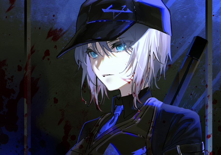 1girl baseball_cap black_headwear black_shirt black_vest blood blood_in_hair blood_on_clothes blood_on_face blue_eyes blue_necktie closed_mouth collared_shirt faust_(limbus_company) gapamopa hat highres limbus_company looking_to_the_side medium_hair necktie project_moon shirt solo upper_body vest white_hair