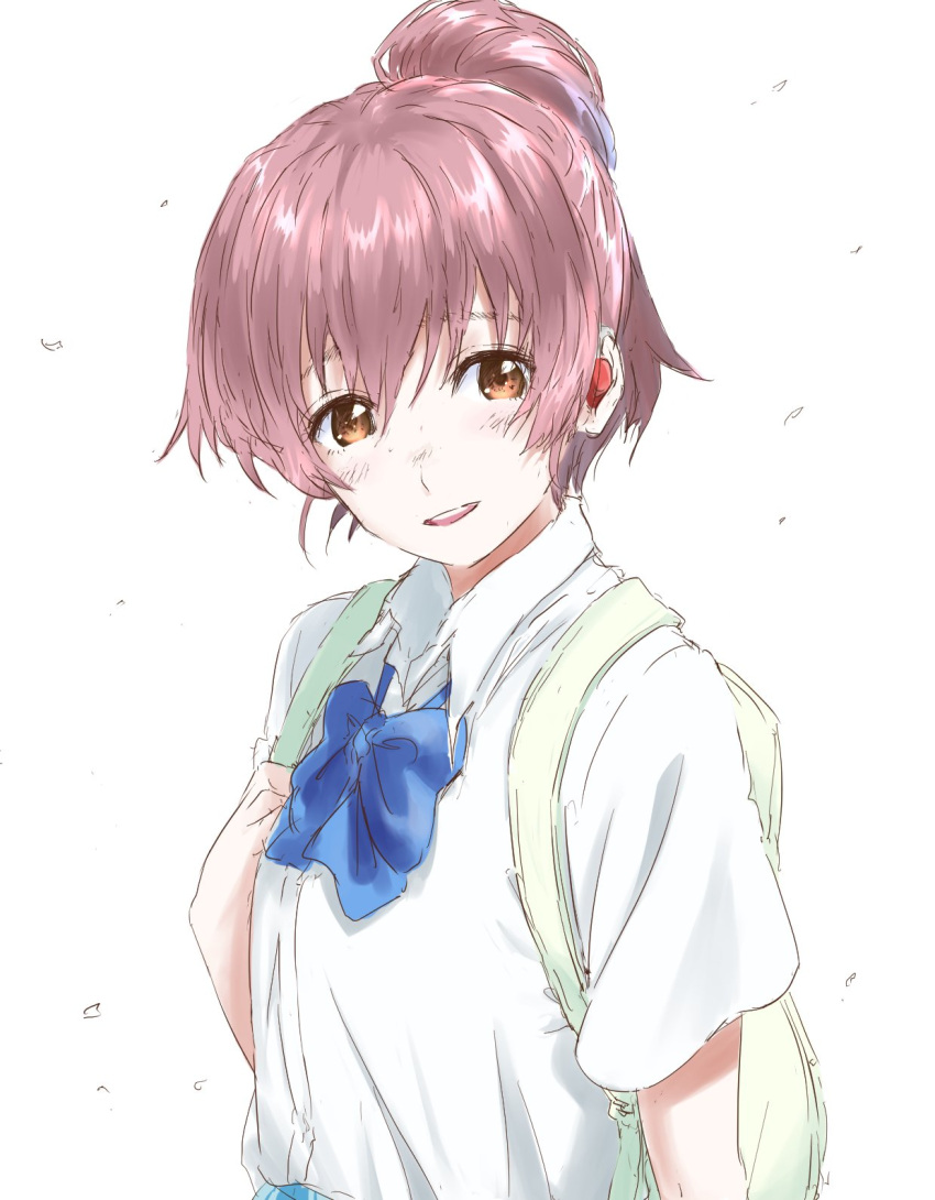 1girl backpack bag blue_bow blush bow bowtie brown_eyes brown_hair collared_shirt commentary_request hearing_aid highres koe_no_katachi long_hair looking_at_viewer mitsugu nishimiya_shouko nose_blush pink_hair ponytail school_uniform shirt short_sleeves simple_background solo upper_body white_background white_shirt wing_collar