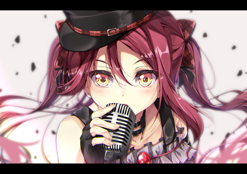 1girl black_choker black_gloves black_headwear blurry blurry_background blush bow choker collarbone commentary dress english_commentary fingerless_gloves floating_hair frilled_dress frills gloves grey_dress hair_between_eyes hair_bow highres holding holding_microphone idol idol_clothes letterboxed long_hair looking_at_viewer love_live! love_live!_sunshine!! microphone music open_mouth plaid plaid_bow red_bow red_brooch redhead sakurauchi_riko shadow singing solo two_side_up upper_body white_background yangus_(2143077) yellow_eyes