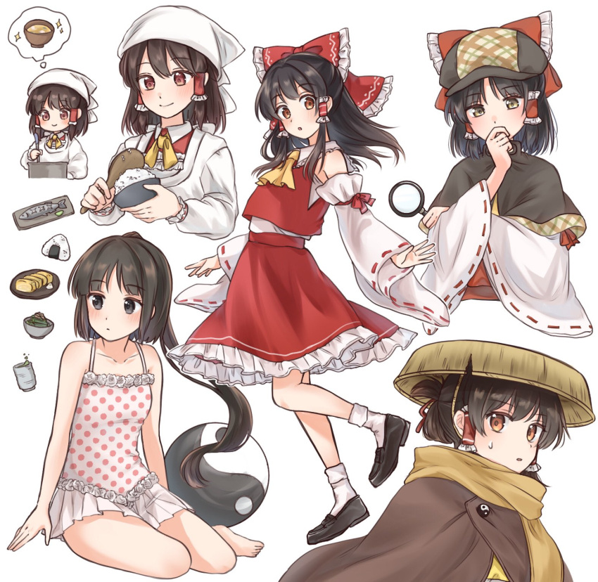 1girl :o alternate_costume ascot bare_legs bare_shoulders barefoot black_eyes black_hair blush bobby_socks breasts brown_eyes brown_hair commentary_request cropped_torso detached_sleeves frills from_side full_body hair_tubes hakurei_reimu hat head_scarf highres long_hair long_sleeves looking_at_viewer medium_hair multiple_views no_hair_bow open_mouth orb red_skirt red_vest reimu_tyuki rice scarf sitting skirt skirt_set small_breasts socks spoken_food standing standing_on_one_leg thought_bubble touhou very_long_hair vest wide_sleeves yellow_ascot yin_yang yin_yang_orb yokozuwari