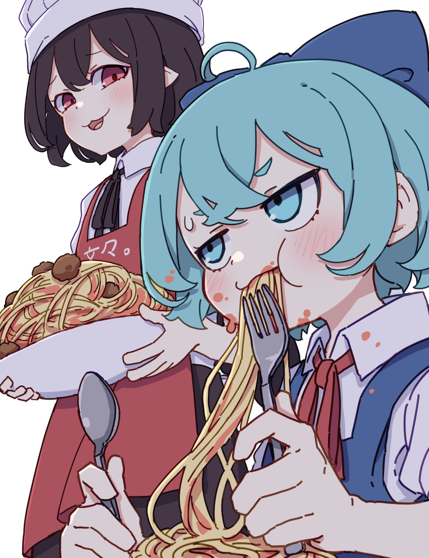 2girls absurdres apron black_hair black_skirt blue_bow blue_dress blue_eyes blue_hair blush bow chef_hat cirno collared_shirt dress eating food food_on_clothes food_on_face fork hair_between_eyes hair_bow hat highres holding holding_fork holding_spoon kame_(kamepan44231) meatball multiple_girls open_mouth pasta pinafore_dress pointy_ears red_apron red_eyes shameimaru_aya shirt short_hair short_sleeves simple_background skirt sleeveless sleeveless_dress smug spaghetti spaghetti_and_meatballs spoon touhou white_background white_headwear white_shirt