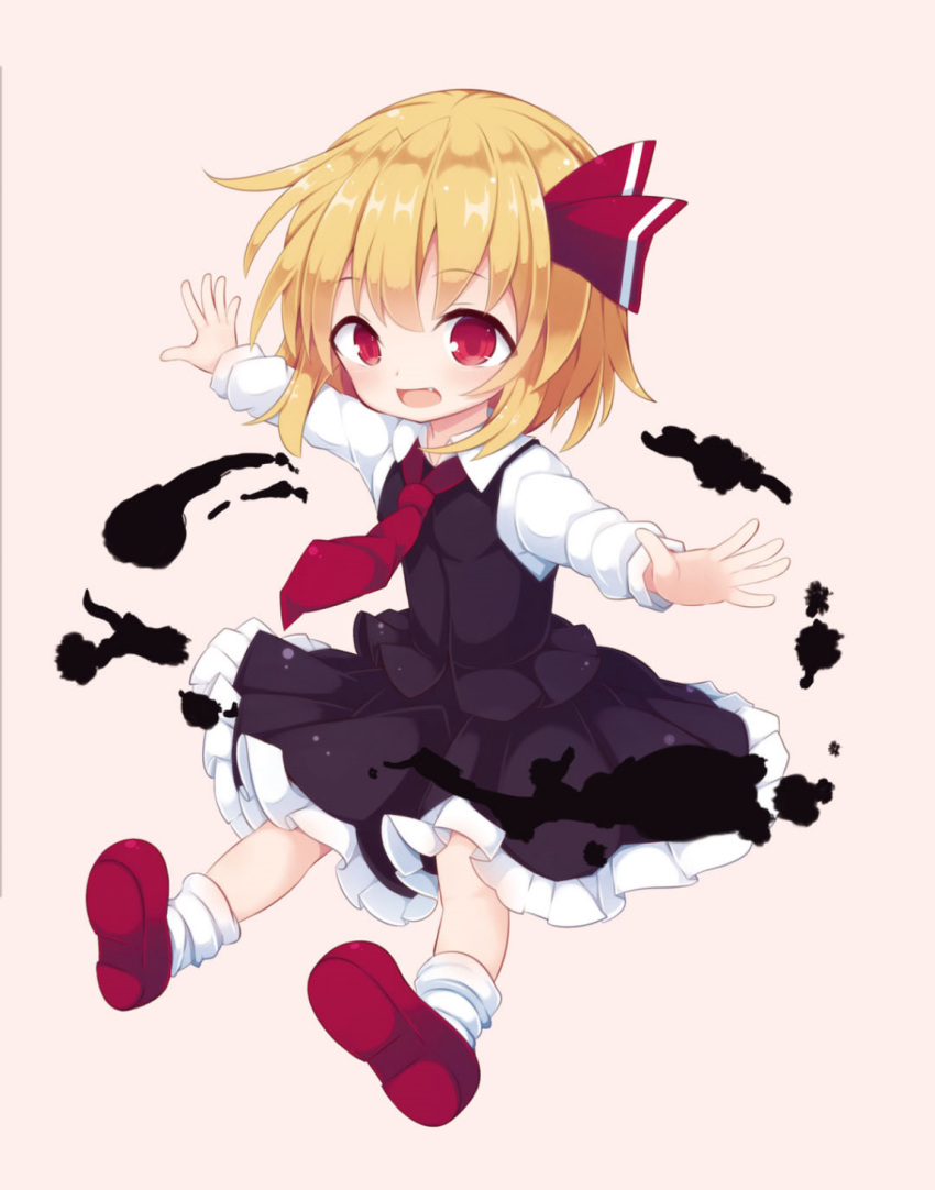 1girl ascot beni_shake black_skirt black_vest blonde_hair bow collared_shirt dress fang frilled_skirt frills hair_bow hair_ribbon highres long_sleeves necktie open_mouth outstretched_arms red_ascot red_eyes red_footwear red_necktie red_ribbon ribbon rumia shirt short_hair skirt skirt_set smile socks solo spread_arms strange_creators_of_outer_world touhou vest white_shirt