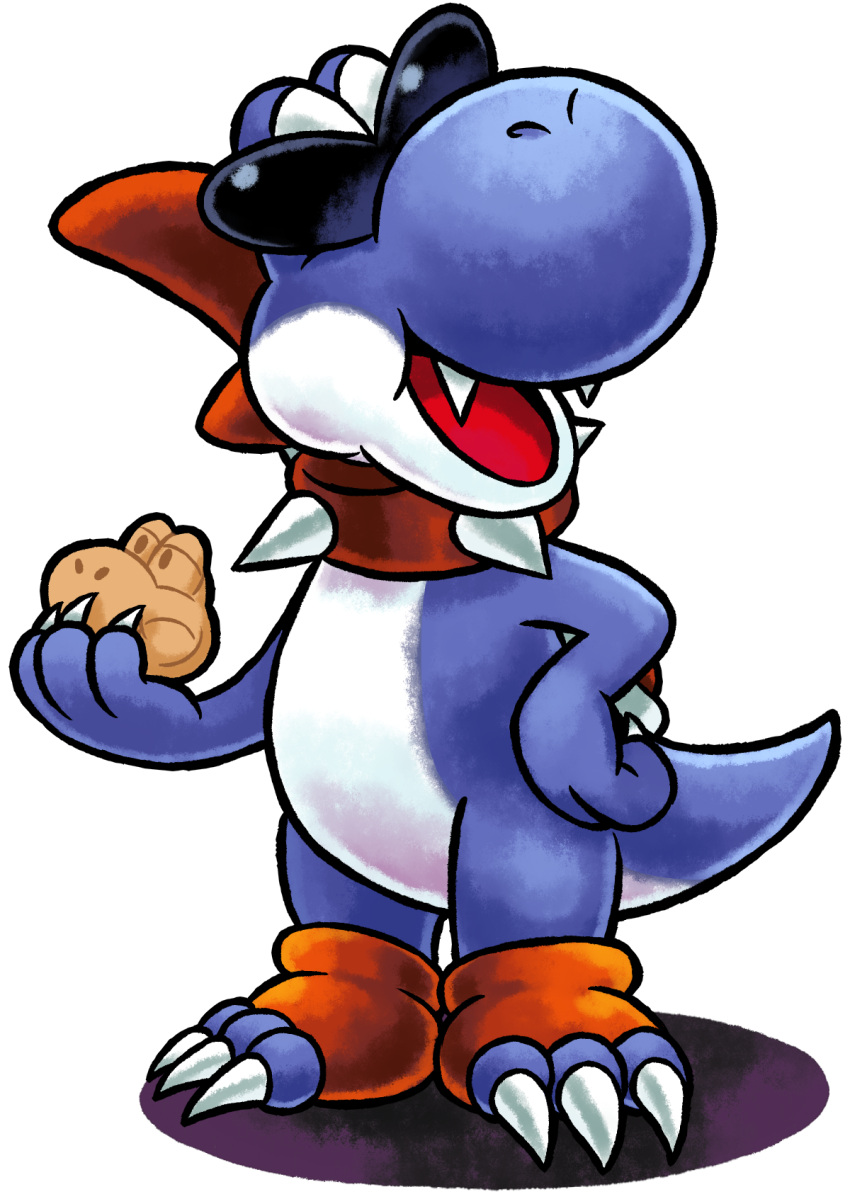 1boy boshi_(super_mario_rpg) collar cookie food hand_on_own_hip highres holding holding_food mario_&amp;_luigi_rpg masanori_sato_(style) mast3r-rainb0w no_humans open_mouth signature simple_background solo spiked_collar spikes sunglasses super_mario_bros. super_mario_rpg transparent_background yoshi