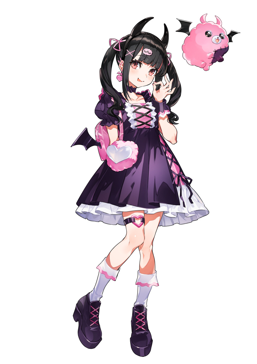 1girl absurdres backpack bag black_hair black_hairband blunt_bangs center_frills choker closed_mouth creature curly_hair demon_horns demon_wings denonbu dress ear_piercing earrings fake_horns fake_wings frilled_sleeves frilled_socks frills full_body hair_ornament hair_ribbon hairband hand_up heart heart_earrings heart_o-ring high_heels highres horns jewelry jirai_kei kneehighs long_hair looking_at_viewer mika_pikazo o-ring o-ring_thigh_strap official_art ok_sign piercing pink_bag pink_nails pink_ribbon pomemori puffy_short_sleeves puffy_sleeves purple_choker purple_dress purple_footwear red_eyes reml ribbon shoes short_sleeves simple_background smile socks solo standing thigh_strap tongue tongue_out twintails white_background white_socks winged_bag wings wrist_cuffs x_hair_ornament