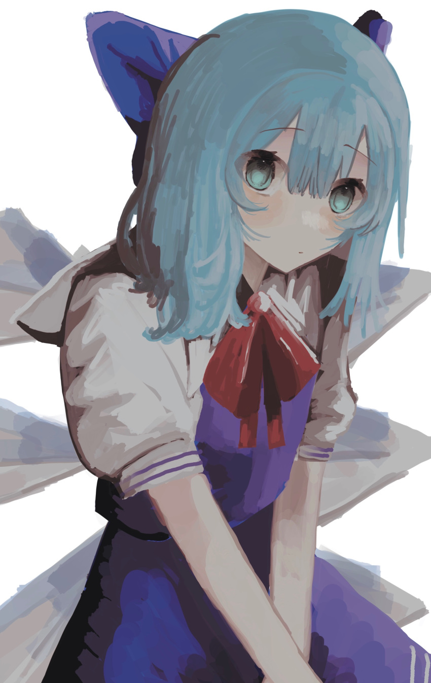 1girl absurdres blue_bow blue_dress blue_eyes blue_hair blush bow cirno closed_mouth commentary_request dress expressionless eyes_visible_through_hair hair_between_eyes hair_bow hands_on_lap highres ice ice_wings medium_hair red_ribbon ribbon simple_background sitting solo takone touhou v_arms white_background wings