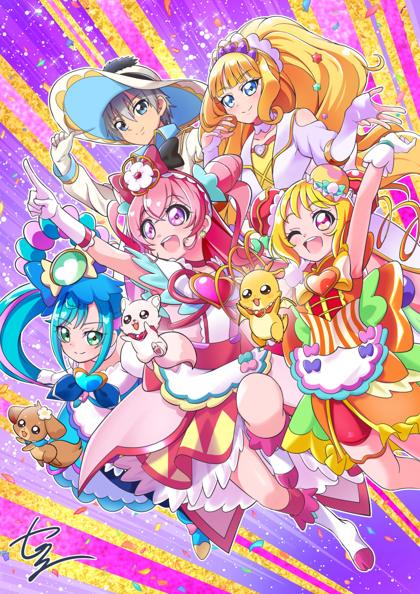 1boy 4girls :d ;d absurdres adjusting_clothes adjusting_headwear apron arm_up artist_name back_bow big_hair bike_shorts black_pantyhose black_pepper_(precure) blonde_hair blue_bow blue_dress blue_eyes blue_footwear blue_hair blunt_bangs boots bow bridal_gauntlets brooch bun_cover choker closed_mouth clothing_cutout commentary cone_hair_bun cure_finale cure_precious cure_spicy cure_yum-yum delicious_party_precure dog double_bun dragon dress flying fox fuwa_kokone gloves green_eyes grey_hair hair_bow hair_bun hair_ornament hanamichi_ran hat hat_feather heart heart_brooch highres jacket jewelry kasai_amane kome-kome_(precure) leg_up light_particles long_hair long_sleeves looking_to_the_side magical_boy magical_girl medium_dress mem-mem_(precure) multicolored_background multicolored_hair multiple_girls nagomi_yui one_eye_closed open_mouth orange_bow orange_dress pam-pam_(precure) pantyhose pink_dress pink_hair pointing precure purple_hair red_choker red_eyes red_shorts rope shimenawa shinada_takumi short_dress short_hair shorts shorts_under_dress shoulder_cutout side_ponytail signature smile sparkle sun_hat tiara tirofinire triple_bun two_side_up violet_eyes waist_apron white_dress white_footwear white_gloves white_headwear white_jacket yellow_bow