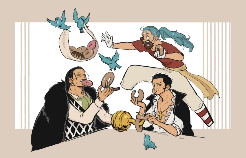 3boys bird black_hair blue_hair buggy_the_clown cigar clown_nose crocodile_(one_piece) cross cross_necklace doughnut dracule_mihawk earrings f4ylu facial_hair food food_in_mouth food_on_face frilled_shirt frills fur_coat gloves goatee hair_slicked_back highres holding holding_cigar hook_hand jewelry jumping long_hair makeup male_focus multiple_boys multiple_rings mustache necklace one_piece outstretched_arm ponytail red_shirt ring sash scar scar_on_face shirt short_hair sideburns sitting table teeth white_gloves white_shirt yellow_eyes yellow_sash