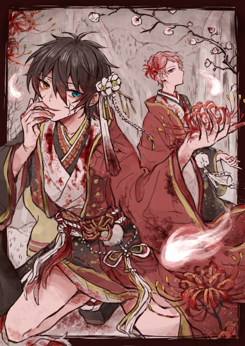 2boys absurdres bare_legs black_hair blood blue_eyes branch commentary_request ensemble_stars! eyeshadow flower hair_between_eyes hands_up highres itsuki_shu kagehira_mika long_sleeves makeup male_focus multiple_boys official_alternate_costume parted_lips pink_hair red_eyeshadow short_hair sideways_glance valkyrie_(ensemble_stars!) violet_eyes wednesday_108 yellow_eyes