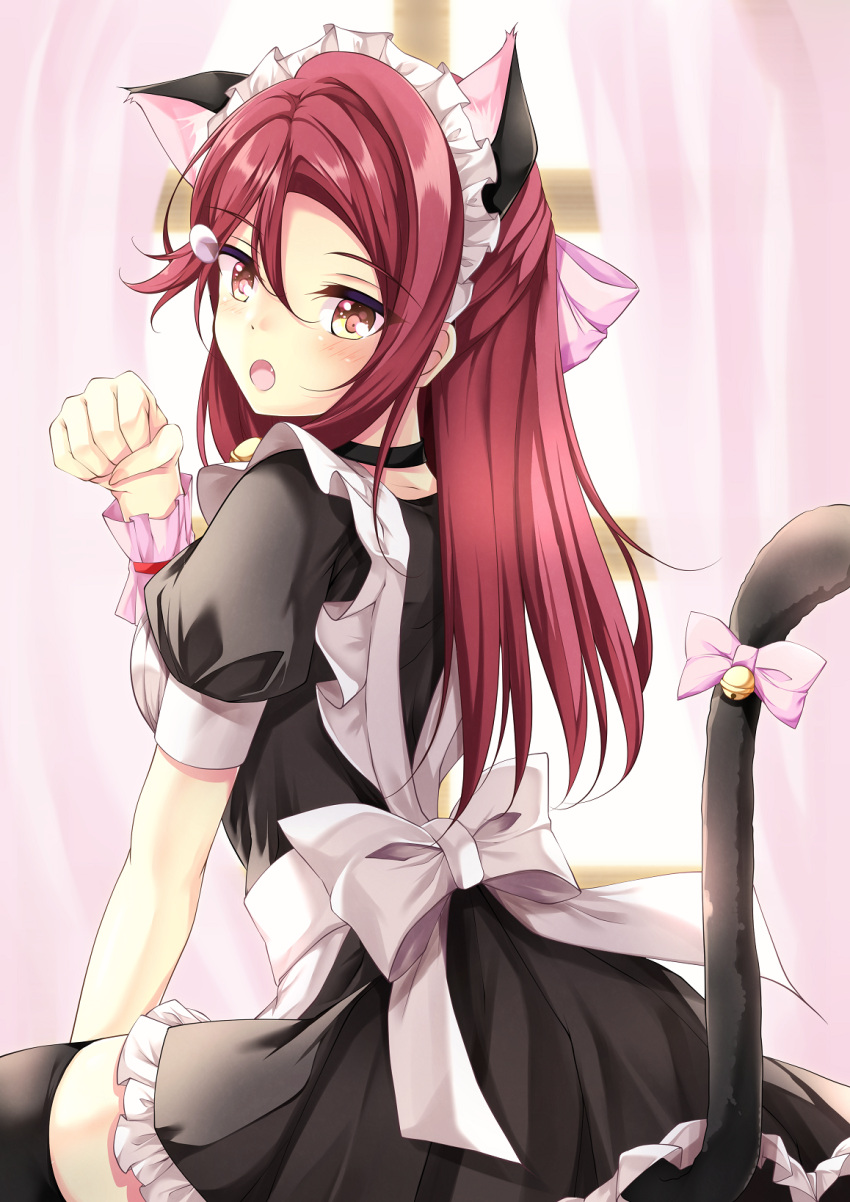 1girl animal_ears apron back_bow black_choker black_dress black_thighhighs blush bow brown_eyes cat_ears cat_girl cat_tail choker commentary cowboy_shot dress fang frilled_apron frills hair_between_eyes hair_bow highres kemonomimi_mode long_hair looking_at_viewer looking_back love_live! love_live!_sunshine!! maid maid_apron maid_headdress open_mouth paw_pose pink_bow pink_wrist_cuffs puffy_short_sleeves puffy_sleeves redhead sakurauchi_riko short_sleeves sidelocks solo tail tail_bow tail_ornament thigh-highs white_apron white_bow yangus_(2143077) zettai_ryouiki