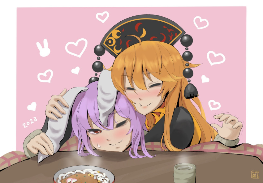 2girls animal_ears aoiueo12 black_dress black_headwear border closed_eyes closed_mouth commentary_request dress happy headpat highres junko_(touhou) kotatsu long_hair long_sleeves multiple_girls one_eye_closed orange_hair phoenix_crown pink_background pom_pom_(clothes) rabbit_ears red_eyes red_tabard reisen_udongein_inaba tabard table touhou very_long_hair white_background white_border