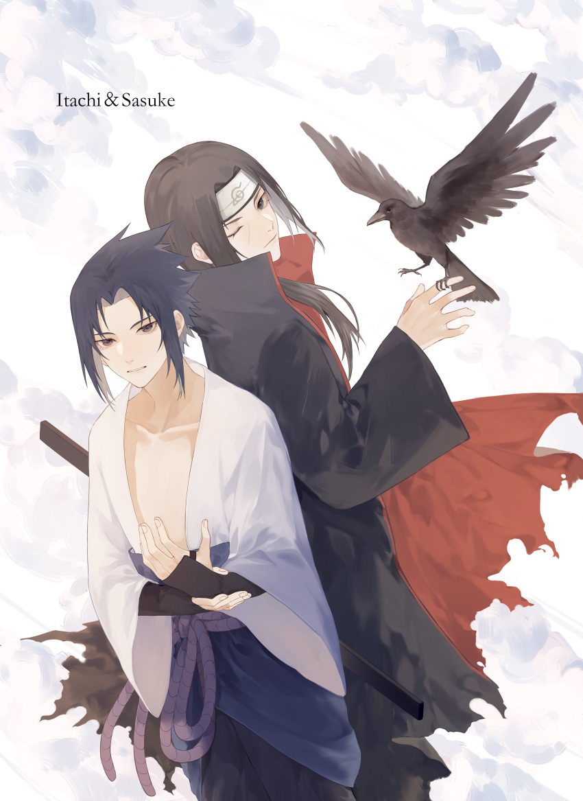 2boys absurdres akatsuki_uniform back-to-back bird bird_on_hand black_cloak black_hair black_pants black_robe black_wings cape cloak clouds crow expressionless feathered_wings hand_up headband highres japanese_clothes long_hair lydiaaa male_focus multiple_boys naruto naruto_(series) one_eye_closed open_clothes open_robe outstretched_hand pants parted_bangs robe short_hair sky torn_cape torn_clothes uchiha_itachi uchiha_sasuke white_robe wings