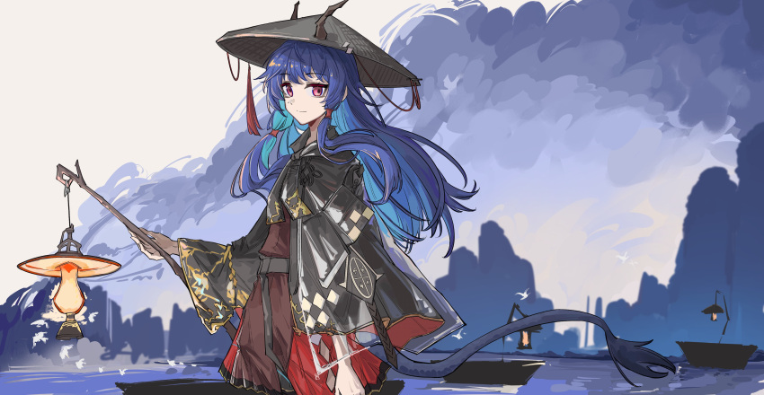 1girl absurdres ajirogasa arknights black_capelet blue_hair boat capelet ch'en_(arknights) ch'en_the_holungday_(arknights) ch'en_the_holungday_(ten_thousand_mountains)_(arknights) chinese_commentary clouds commentary_request cowboy_shot dragon_horns dragon_tail dress hair_tubes hat highres holding holding_lantern horns horns_through_headwear lantern light_smile long_hair looking_at_viewer official_alternate_costume outdoors pink_eyes red_dress solo tail water watercraft yi1ling0