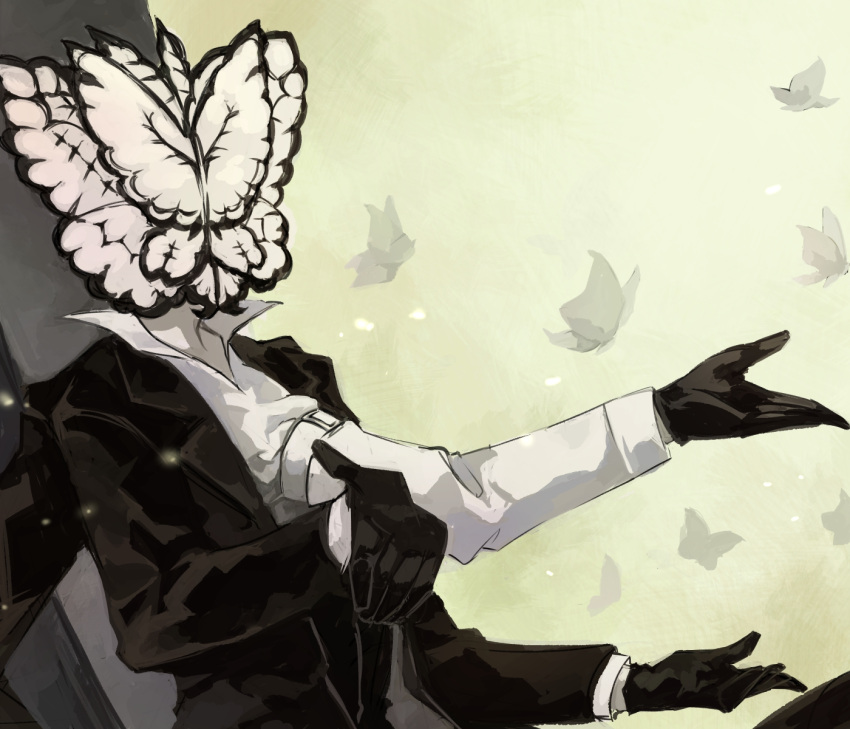 115_koubunshi 1boy animal_head black_gloves black_jacket bug butterfly collared_shirt extra_arms funeral_of_the_dead_butterflies gloves highres jacket lobotomy_corporation long_sleeves project_moon shirt solo suit upper_body white_background white_shirt