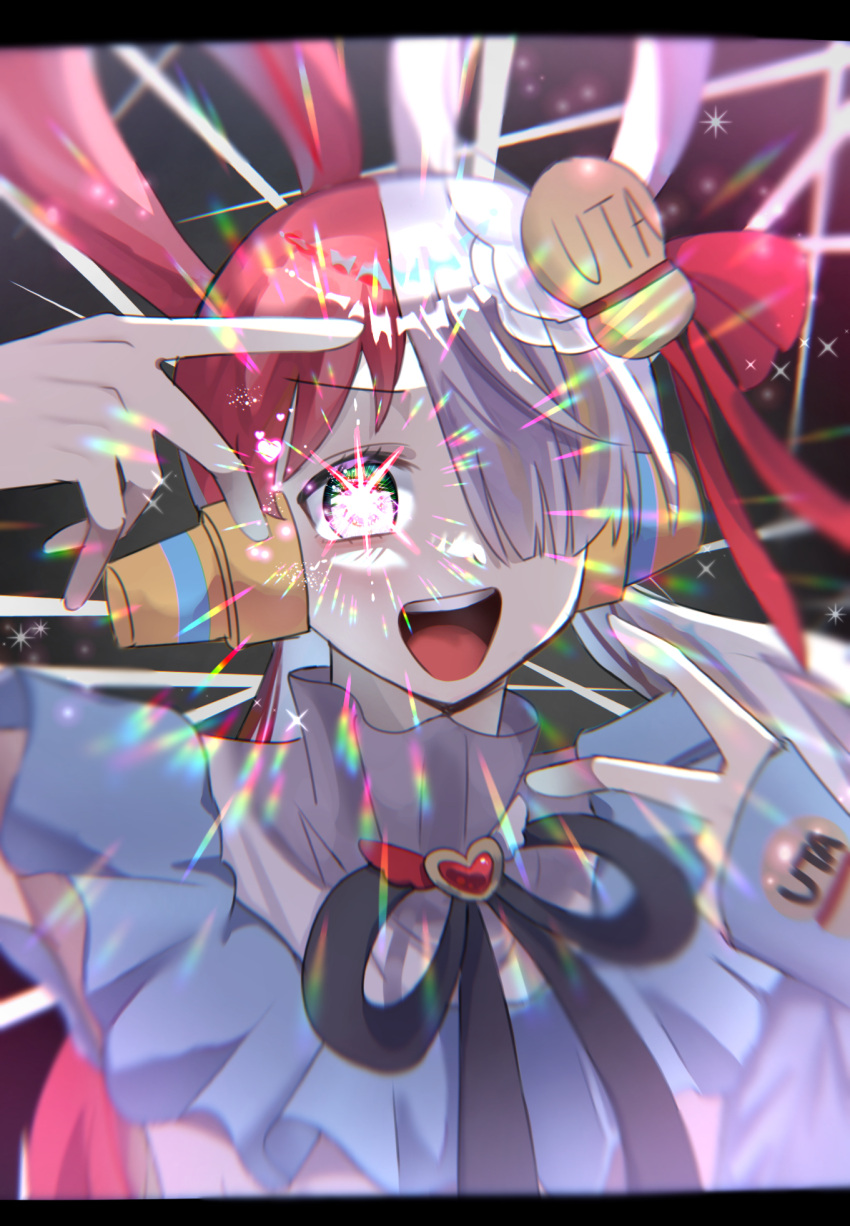 1girl black_ribbon character_name chromatic_aberration collar commentary_request double_v frilled_collar frills hair_over_one_eye heart highres lens_flare letterboxed long_hair looking_at_viewer menma_(pmarusama) multicolored_hair neck_ribbon one_piece open_mouth oshi_no_ko partial_commentary pink_eyes redhead ribbon smile solo sparkle star-shaped_pupils star_(symbol) symbol-shaped_pupils teeth two-tone_hair upper_teeth_only uta_(one_piece) v white_hair