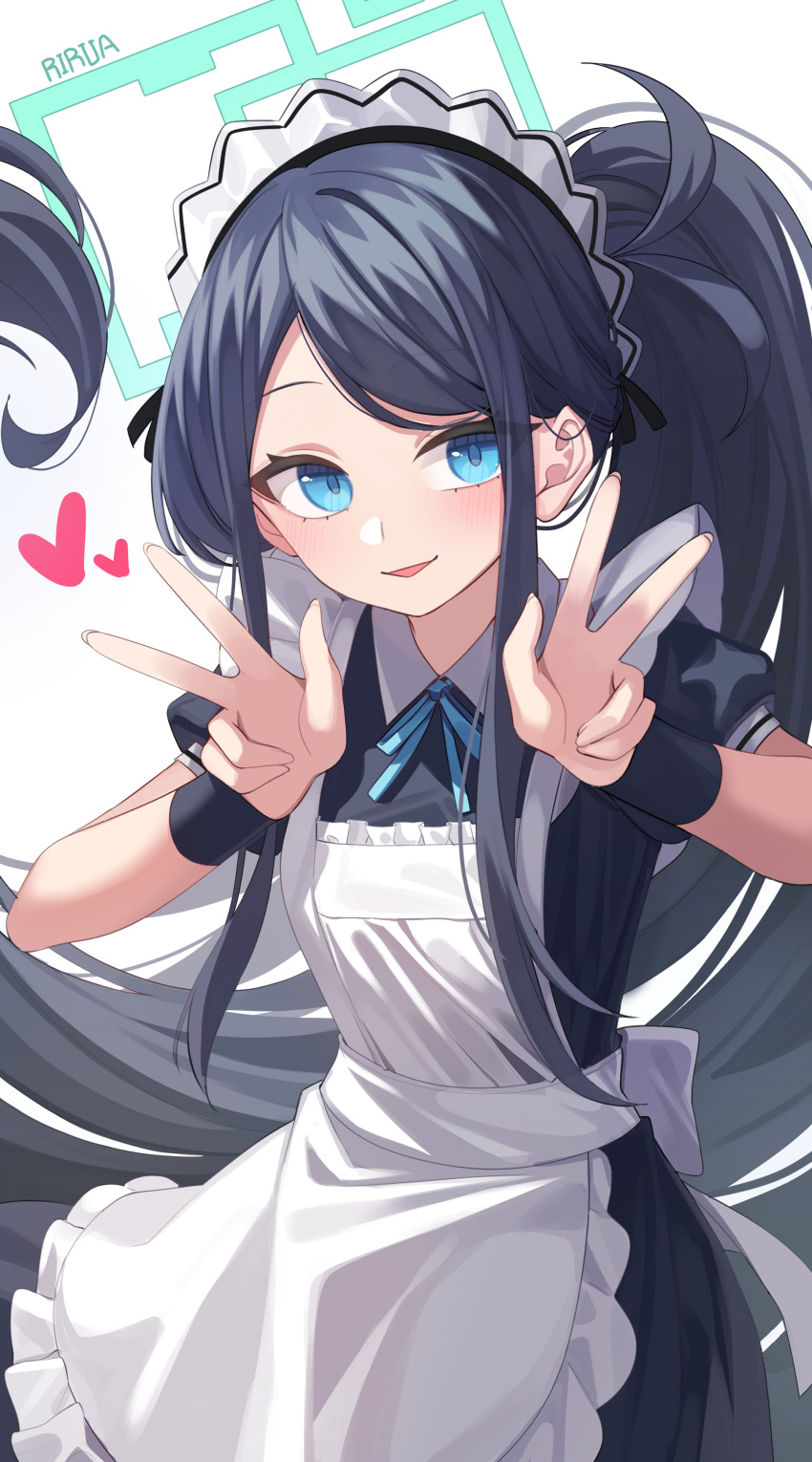 1girl absurdres apron aqua_eyes aqua_ribbon aris_(blue_archive) aris_(maid)_(blue_archive) artist_name black_dress black_hair blue_archive blush breasts double_w dress frilled_apron frills halo heart highres lira long_hair looking_at_viewer maid_headdress neck_ribbon official_alternate_costume ponytail puffy_short_sleeves puffy_sleeves ribbon short_sleeves simple_background small_breasts smile solo swept_bangs very_long_hair w white_apron white_background wristband