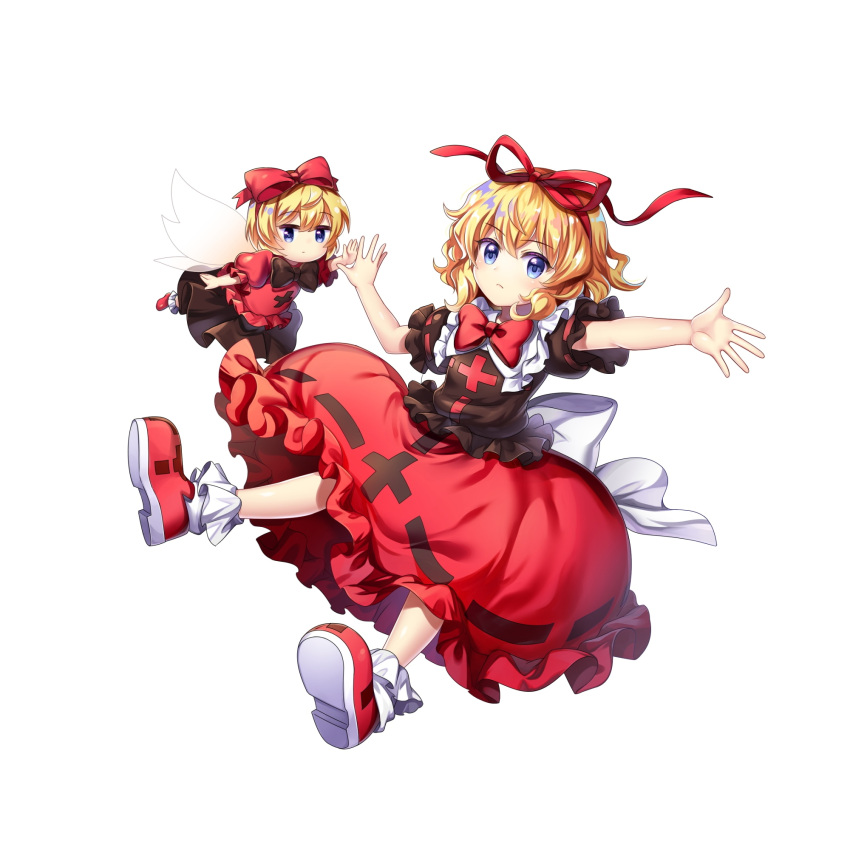 2girls black_shirt black_skirt blue_eyes bow bowtie closed_mouth full_body game_cg hair_ribbon highres looking_at_viewer medicine_melancholy multiple_girls red_bow red_bowtie red_footwear red_ribbon red_shirt red_skirt ribbon ribbon-trimmed_skirt ribbon_trim rotte_(1109) shirt simple_background skirt socks su-san third-party_source touhou touhou_lost_word white_background white_socks