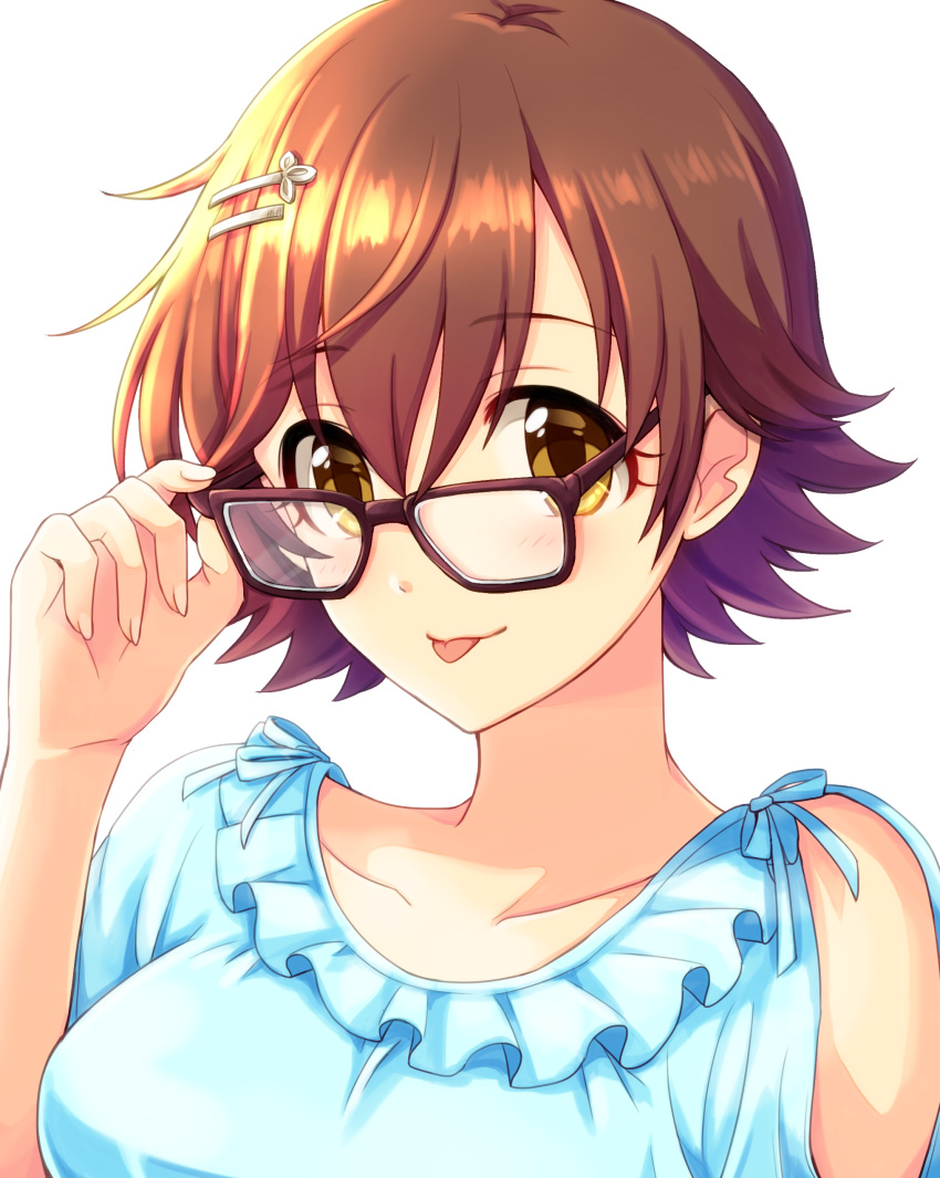 1girl absurdres adjusting_eyewear bespectacled blue_shirt blush breasts brown-framed_eyewear brown_eyes brown_hair collarbone dot_nose frilled_shirt frills glasses hair_ornament hairclip hand_up highres honda_mio idolmaster idolmaster_cinderella_girls idolmaster_cinderella_girls_starlight_stage looking_at_viewer medium_breasts popon_ta portrait shirt short_hair simple_background single_sleeve smile solo tongue tongue_out white_background