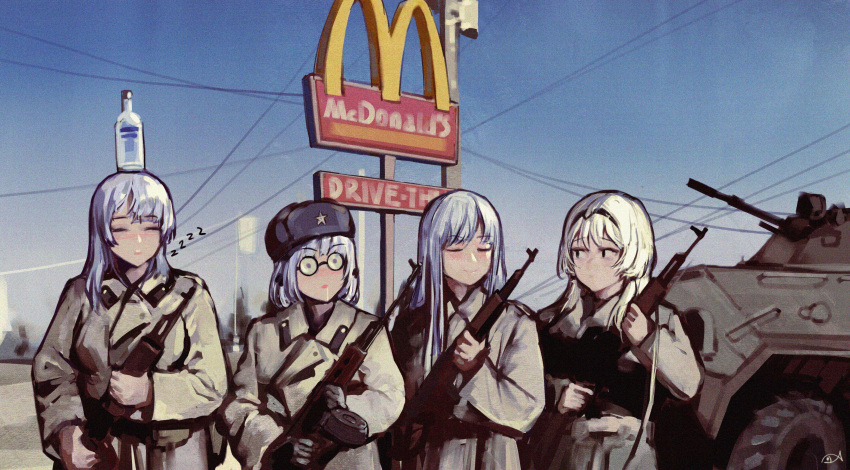 4girls :o absurdres afghanistan ak-12_(girls'_frontline) ak-15_(girls'_frontline) alcohol alternate_costume an-94_(girls'_frontline) armored_personnel_carrier armored_vehicle assault_rifle asymmetrical_bangs asymmetrical_hair blue_hair blue_sky blush bottle bottle_on_head btr-80 closed_eyes closed_mouth coat collar_tabs commentary cowboy_shot day defy_(girls'_frontline) drive-thru drum_magazine english_text fur_hat girls_frontline glass_bottle glasses grey_headwear gun hair_between_eyes hair_ornament hat hat_ornament headband highres holding holding_gun holding_weapon iuui kalashnikov_rifle light_blue_hair light_machine_gun long_hair looking_at_another machine_gun magazine_(weapon) mcdonald's military military_hat military_jacket military_uniform military_vehicle motor_vehicle multiple_girls object_on_head open_mouth outdoors parody parted_lips photo-referenced power_lines product_placement red_dawn rifle round_eyewear rpk rpk-16_(girls'_frontline) short_hair sign signature sky sleeping sleeping_upright sling smile soldier soviet soviet_army standing star_(symbol) star_hat_ornament symbol-only_commentary uniform ushanka utility_pole vodka war_in_afghanistan weapon white_hair zzz