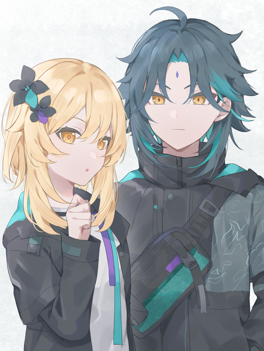 1boy 1girl ahoge alternate_costume aqua_hair bag black_bag black_coat black_flower blonde_hair blue_coat blue_hair buttons closed_mouth coat commentary_request dark_blue_hair diamond-shaped_pupils diamond_(shape) eyeshadow facial_mark flower forehead_mark genshin_impact grey_background hair_between_eyes hair_flower hair_ornament hand_in_pocket hand_up highres hood hooded_coat long_sleeves looking_at_viewer lumine_(genshin_impact) makeup multicolored_hair open_clothes open_coat open_mouth orange_eyes red_eyeshadow shirt short_hair short_hair_with_long_locks sidelocks simple_background standing symbol-shaped_pupils t-shirt two-sided_coat two-tone_hair white_shirt xiao_(genshin_impact) younomiti