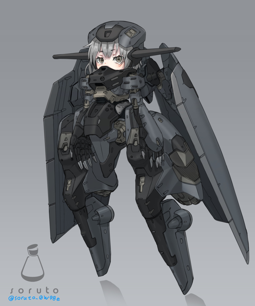 1girl armor arms_at_sides commentary_request covered_mouth full_body grey_background grey_hair helmet highres joints looking_at_viewer mecha_musume mechanical_wings original robot_joints short_hair solo soruto_0w98e standing wings yellow_eyes