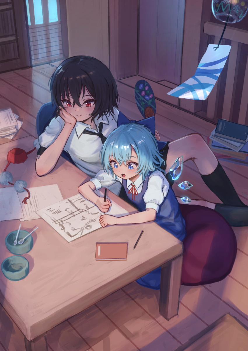 2girls :o absurdres bean_bag black_hair black_socks blue_dress blue_eyes blue_hair cirno commentary_request dress hair_between_eyes hat hat_removed headwear_removed highres indoors multiple_girls open_mouth paper pen pinafore_dress pom_pom_(clothes) puffy_short_sleeves puffy_sleeves reclining red_eyes roke_(taikodon) shameimaru_aya shirt short_hair short_sleeves sleeveless sleeveless_dress smile socks table tokin_hat touhou white_shirt wind_chime wing_collar wooden_floor