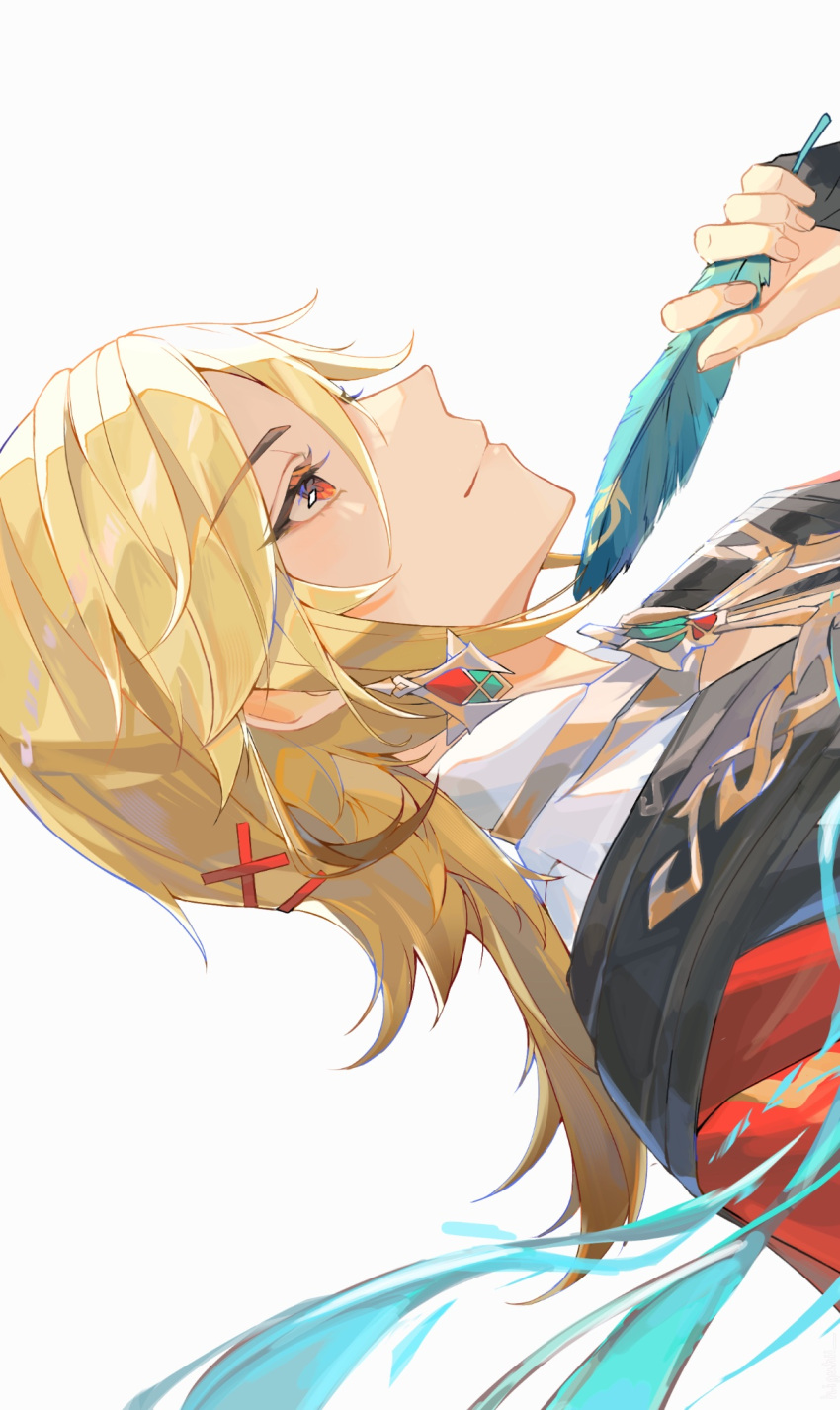 1boy blonde_hair blue_feathers closed_mouth earrings feathers from_side genshin_impact gold_earrings highres higuhii holding holding_feather jewelry kaveh_(genshin_impact) male_focus medium_hair portrait profile red_eyes shirt simple_background smile solo white_background white_shirt