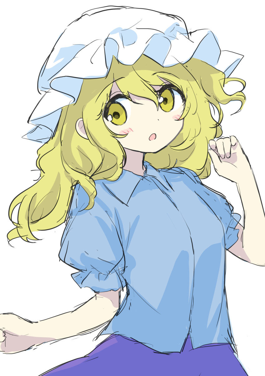 144udy 1girl :o absurdres alternate_costume blonde_hair blue_skirt blush_stickers breasts hair_between_eyes hand_up hat highres long_hair maribel_hearn medium_breasts mob_cap open_mouth simple_background sketch skirt solo touhou upper_body white_background yellow_eyes