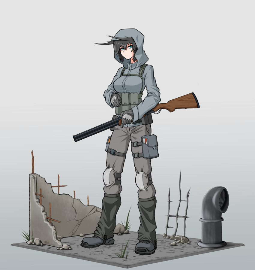 1girl abandoned absurdres animal_ears arbor_spirit black_hair blue_eyes chest_rig double-barreled_shotgun expressionless fox_ears gloves gun highres holding holding_gun holding_weapon hood hoodie knee_pads long_sleeves looking_at_viewer original short_hair shotgun solo standing tactical_clothes toz-34 weapon