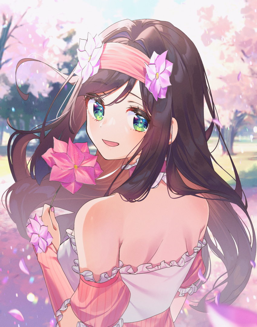 1girl :d absurdres back bare_shoulders blurry brown_hair character_request cherry_blossoms depth_of_field detached_sleeves dragon_quest dragon_quest_x flower from_behind green_eyes hair_flower hair_ornament hairband highres holding holding_flower long_hair looking_at_viewer looking_back manicure nail_polish pink_hairband smile solo swept_bangs upper_body yupiteru