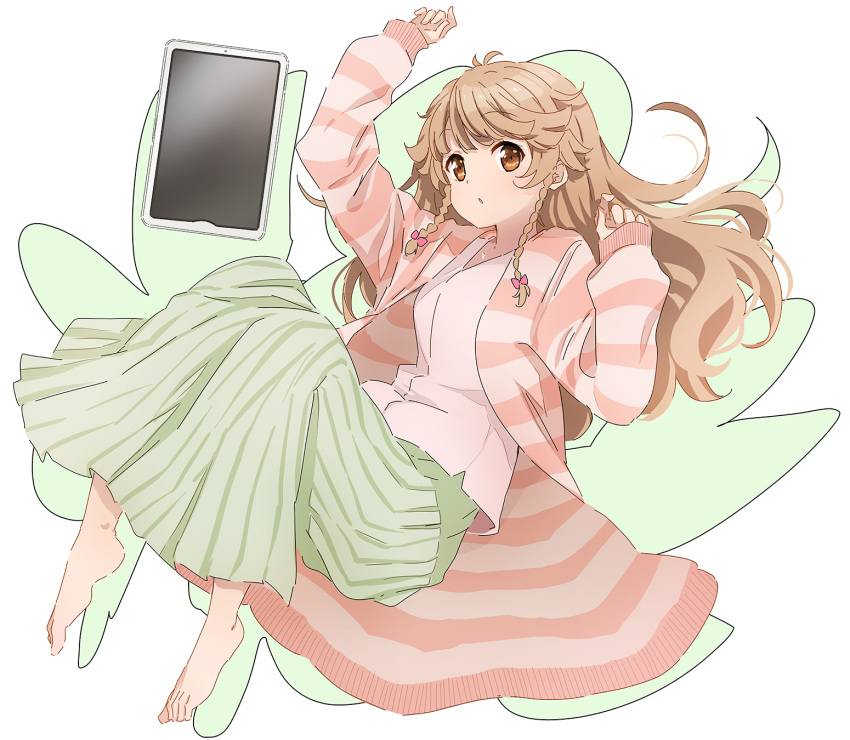 1girl abe_kanari alternate_hairstyle antenna_hair barefoot braid brown_eyes full_body green_skirt high_school_fleet highres light_brown_hair long_hair looking_at_viewer nosa_kouko pink_robe pink_shirt robe shirt side_braid skirt solo striped_robe tablet_pc twin_braids