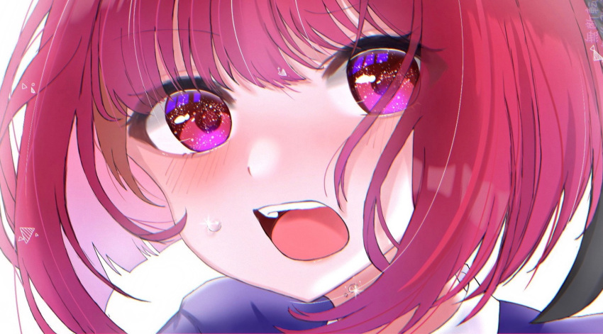 1girl arima_kana blush bob_cut chromatic_aberration close-up collared_shirt commentary_request copyright_name crying crying_with_eyes_open film_grain highres inkitya inverted_bob light_particles looking_at_viewer medium_hair open_mouth oshi_no_ko portrait red_eyes redhead school_uniform shirt simple_background solo tears teeth upper_teeth_only white_background white_shirt youtou_high_school_uniform