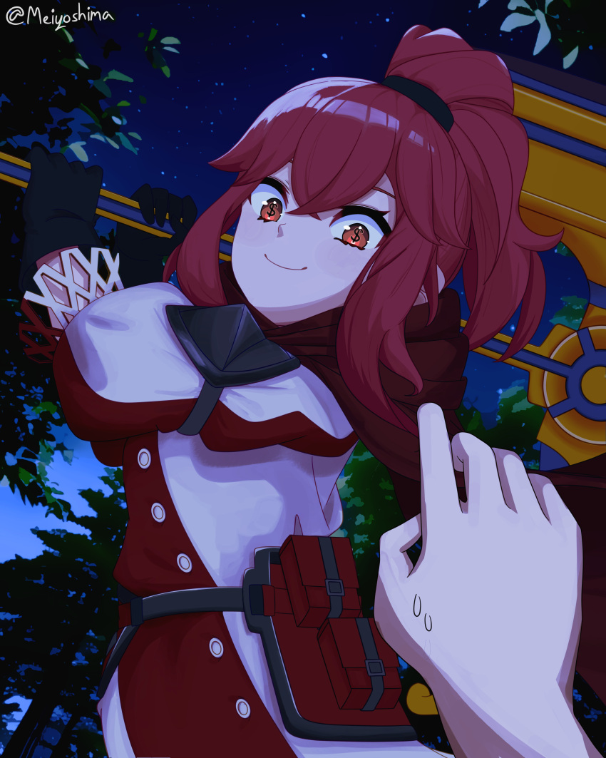 1girl absurdres anna_(fire_emblem) carrying_over_shoulder dollar_sign english_commentary fire_emblem fire_emblem_engage hairband highres holding holding_weapon looking_at_another looking_at_viewer meiyoshima night night_sky ponytail pov red_eyes redhead signature sky smile sweatdrop tagme weapon