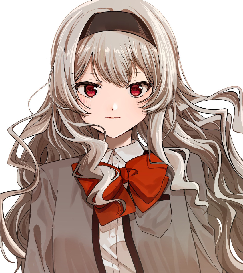 1girl arms_at_sides black_hairband blonde_hair blush bow bowtie breast_pocket closed_mouth collared_shirt floating_hair grey_jacket hairband highres jacket light_smile long_hair long_sleeves looking_at_viewer nori_(cheiwbciwkxbdjr) open_clothes open_jacket pocket red_bow red_bowtie red_eyes saijou_claudine school_uniform seishou_music_academy_uniform shirt shoujo_kageki_revue_starlight sidelocks simple_background solo upper_body wavy_hair white_background white_shirt