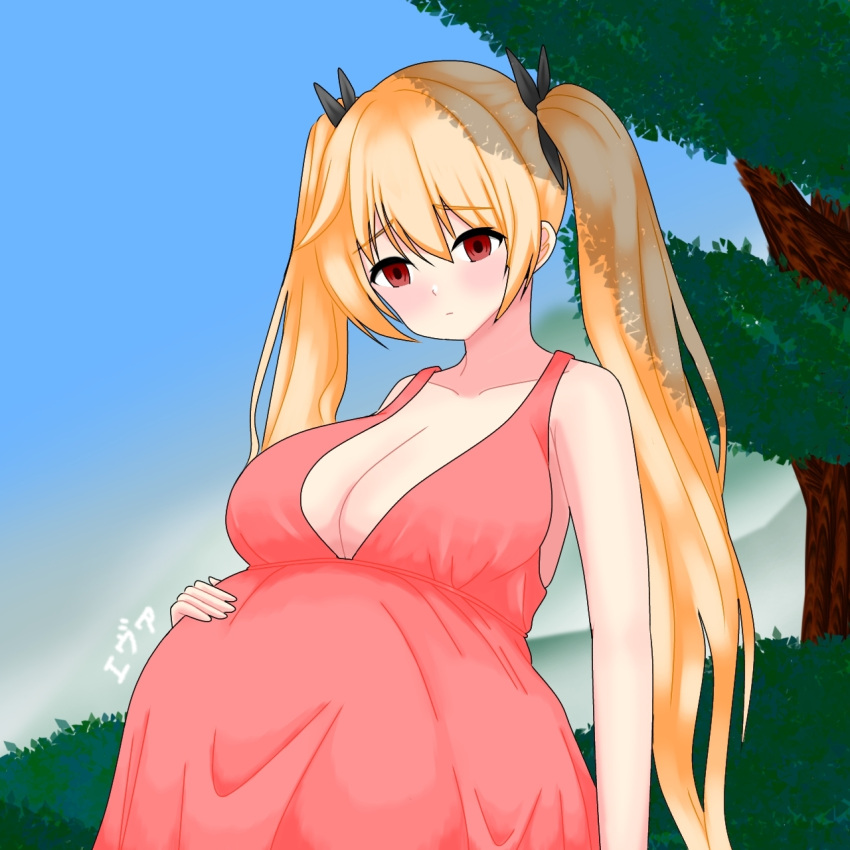 1girl alternate_costume azur_lane bare_arms bare_shoulders big_belly blush bush dress head_tilt highres k_eva277 long_hair looking_at_viewer nelson_(azur_lane) pregnant red_dress redhead solo tree twintails very_long_hair