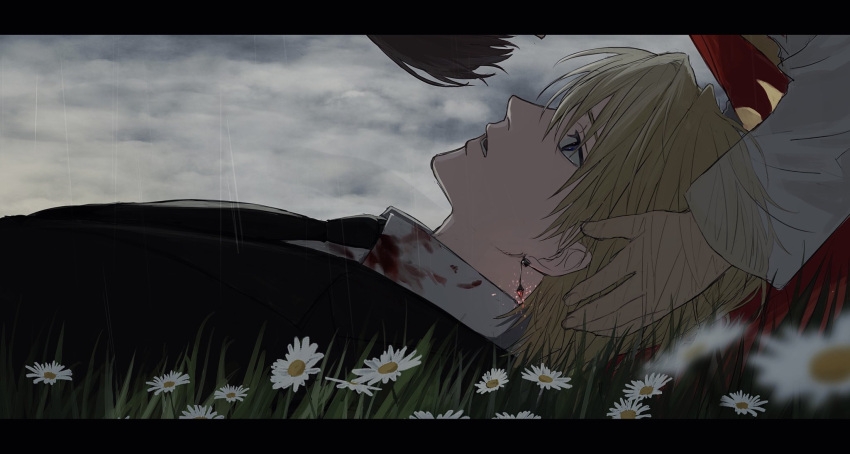 1boy 1other androgynous black_suit blonde_hair blood blood_on_clothes crystal_earrings earrings flower formal highres hunter_x_hunter jewelry kurapika looking_at_another lying on_back pairo profile ra_yu red_tabard shirt short_hair suit tabard upper_body white_flower white_shirt