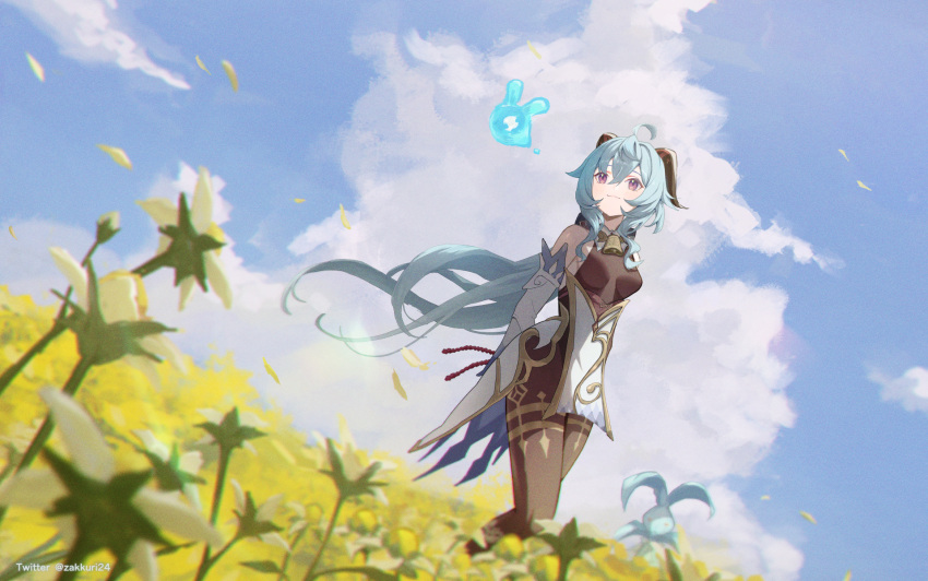 1girl ahoge bell blue_hair blue_sky bodystocking closed_mouth clouds commentary_request detached_sleeves feet_out_of_frame field flower flower_field ganyu_(genshin_impact) genshin_impact goat_horns highres horns long_hair neck_bell outdoors petals sky solo very_long_hair violet_eyes white_sleeves zakkuri