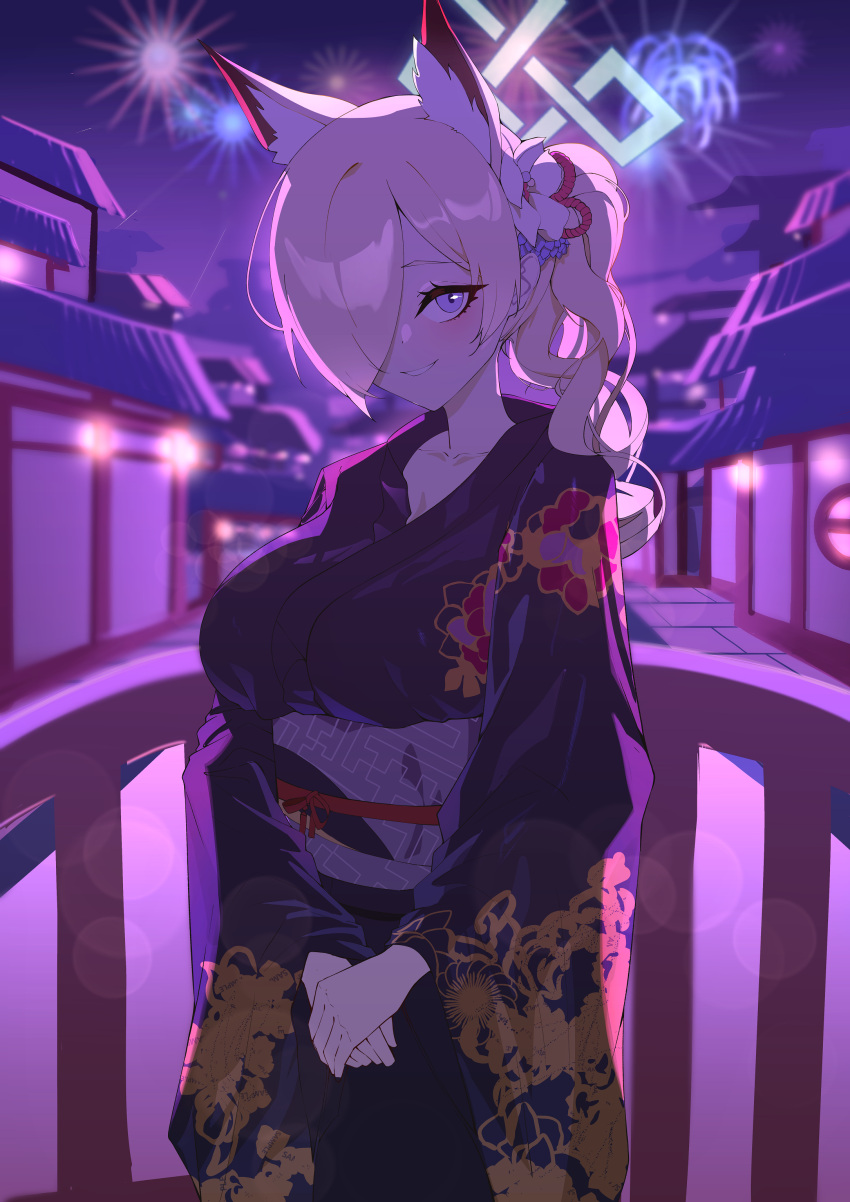 1girl absurdres animal_ears blonde_hair blue_archive blue_eyes breasts dog_ears flower hair_flower hair_ornament halo highres its2h35 japanese_clothes kanna_(blue_archive) kimono large_breasts looking_at_viewer official_alternate_costume solo