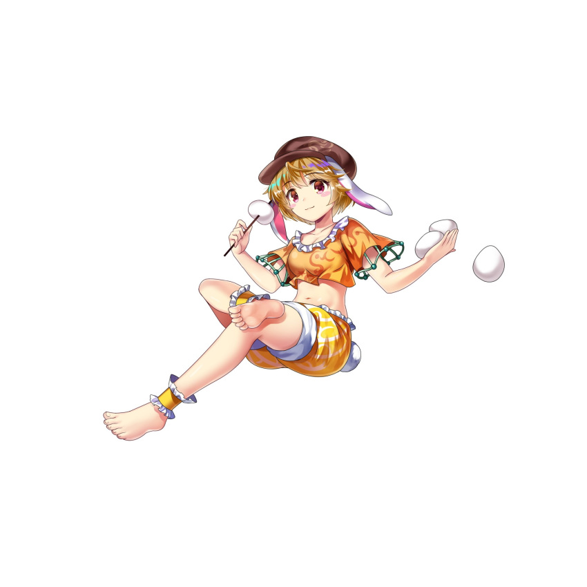 1girl animal_ears barefoot blonde_hair brown_headwear cabbie_hat closed_mouth collarbone dango food full_body game_cg hat highres holding holding_food looking_at_viewer navel orange_shirt rabbit_ears rabbit_girl rabbit_tail red_eyes ringo_(touhou) rotte_(1109) shirt short_hair short_sleeves shorts simple_background solo tail third-party_source touhou touhou_lost_word wagashi white_background yellow_shorts