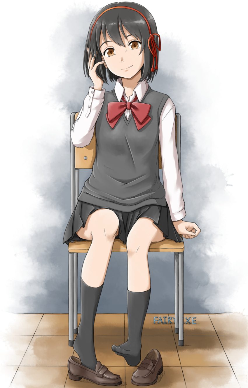 1girl arm_support artist_name black_hair black_skirt black_socks border bow bowtie brown_eyes brown_footwear chair closed_mouth collared_shirt commentary_request dress_shirt fading_border fairy.exe full_body grey_sweater_vest hair_between_eyes hair_ribbon hand_in_own_hair head_tilt highres kimi_no_na_wa. loafers long_sleeves looking_at_viewer miyamizu_mitsuha no_shoes pleated_skirt red_bow red_bowtie red_ribbon removing_shoes ribbon school_chair school_uniform shadow shirt shoes short_hair sitting skirt smile socks solo sweater_vest white_background white_border white_shirt