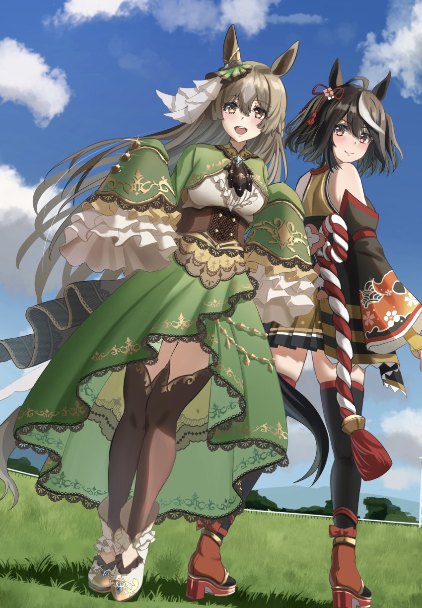 2girls :d ahoge aimi_(tikichin0229) animal_ears ankle_boots ascot bare_shoulders black_hair black_thighhighs bob_cut boots bow_skirt braid brown_ascot brown_eyes brown_hair brown_skirt commentary_request corset cropped_jacket detached_sleeves dutch_angle ear_ornament flower flower_ornament french_braid frilled_footwear frilled_shirt frilled_sleeves frills full_body grass green_jacket green_skirt hair_flower hair_ornament high-low_skirt highres horse_ears horse_girl horse_tail jacket kitasan_black_(umamusume) kouhaku_nawa long_hair long_skirt long_sleeves looking_at_viewer multicolored_hair multiple_girls pleated_skirt red_eyes red_footwear red_ribbon ribbon rope satono_diamond_(umamusume) shimenawa shirt skirt sleeves_past_fingers sleeves_past_wrists smile streaked_hair tail thigh-highs two-tone_hair umamusume underbust white_footwear white_hair white_shirt