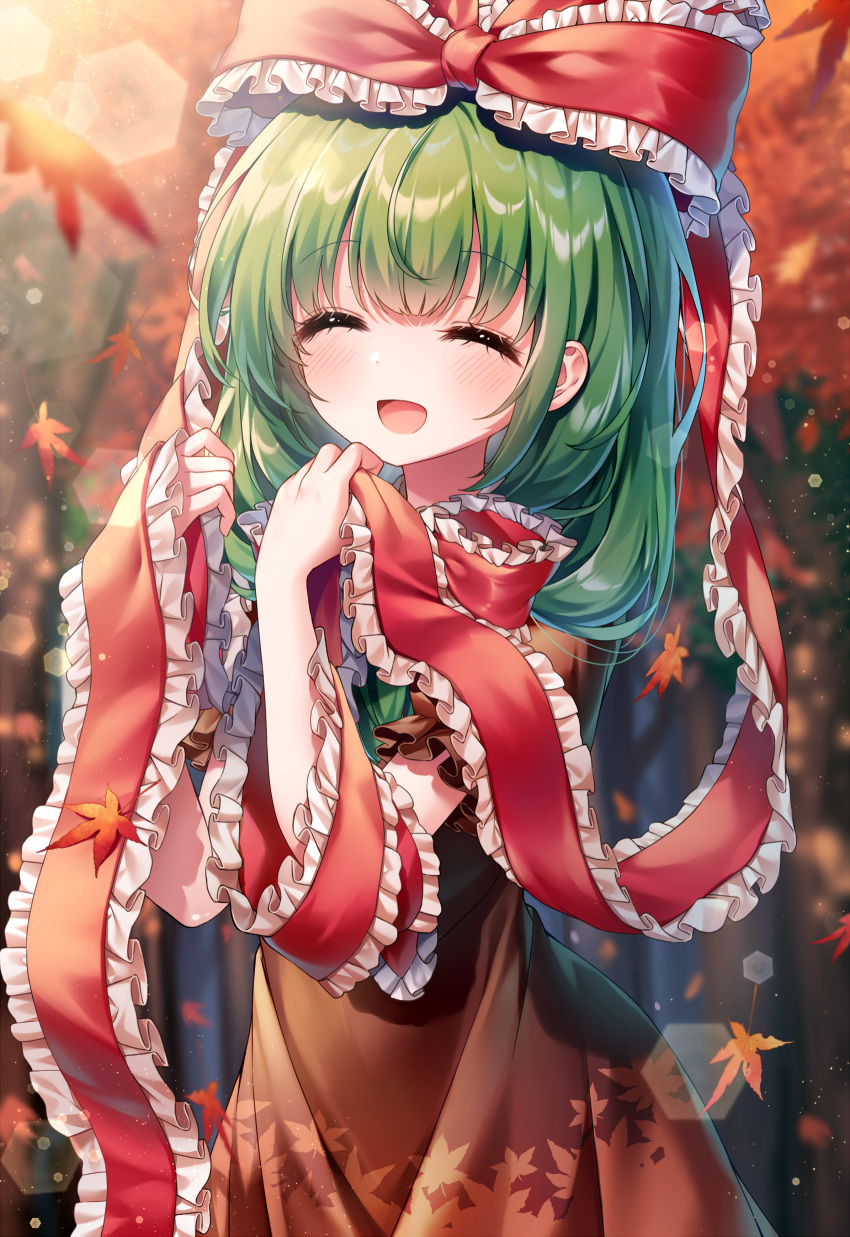 1girl absurdres autumn_leaves blush bow brown_dress closed_eyes commission dress frilled_bow frilled_ribbon frilled_sleeves frills front_ponytail green_hair hair_bow hair_ribbon highres kagiyama_hina leaf long_hair maple_leaf open_mouth pixiv_commission pudding_(skymint_028) red_bow red_ribbon ribbon short_sleeves smile solo touhou upper_body