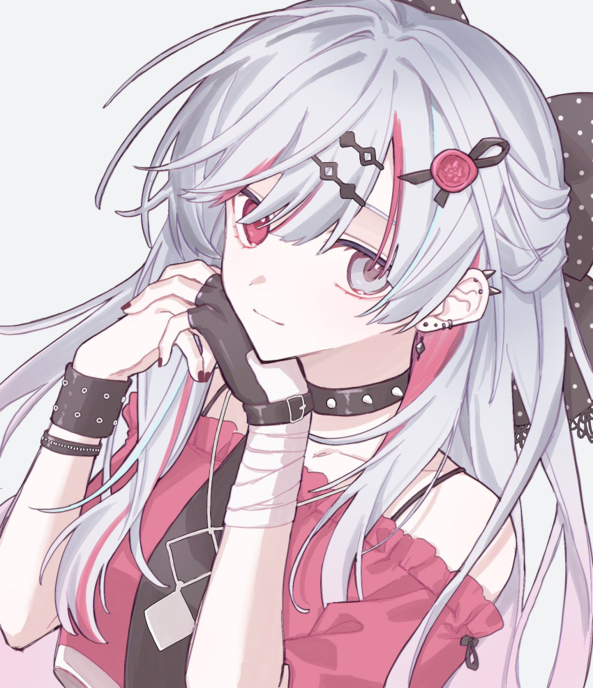 1girl bandaged_wrist bandages black_bow black_collar black_gloves black_necktie bow close-up collar ear_piercing earrings fingerless_gloves gloves gradient_hair grey_eyes grey_hair hair_bow hair_ornament hairclip heterochromia highres ishigami_nozomi jewelry long_hair looking_at_viewer multicolored_hair nail_polish namayake_taro necktie nijisanji off_shoulder open_mouth pantyhose piercing polka_dot polka_dot_bow red_eyes red_nails red_shirt redhead shirt simple_background single_glove solo spiked_collar spikes strapless streaked_hair tube_top virtual_youtuber wax_seal wax_seal_hair_ornament white_background white_hair