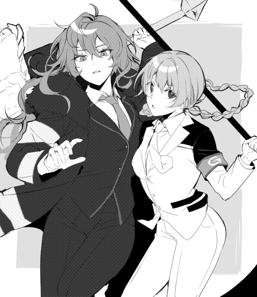 2girls ap5ry armband breasts coat collared_shirt e.g.o_(project_moon) employee_(lobotomy_corporation) fur-trimmed_coat fur_trim greyscale highres holding holding_weapon jacket lobotomy_corporation long_hair monochrome monocle multiple_girls necktie open_mouth pants parted_lips project_moon scythe shirt sidelocks sword very_long_hair weapon
