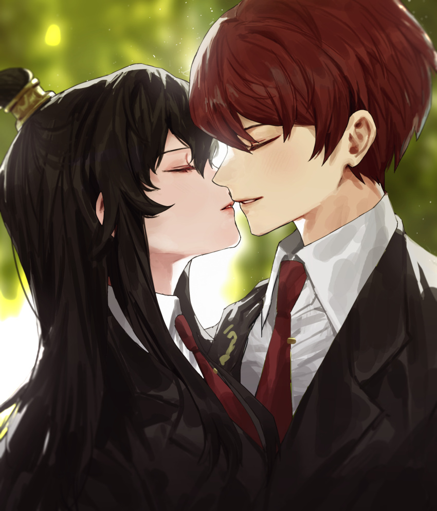1boy 1girl black_hair black_jacket blurry blurry_background blush carol0905 closed_eyes collared_shirt commentary_request couple from_side hair_bun hand_on_another's_shoulder hetero highres imminent_kiss jacket lapels library_of_ruina long_hair lowell_(library_of_ruina) necktie notched_lapels parted_lips project_moon red_necktie redhead shirt short_hair sidelocks single_hair_bun tie_clip white_shirt wing_collar xiao_(library_of_ruina)
